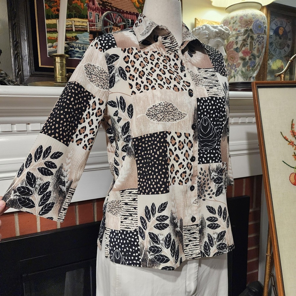 10P Vintage 90s Animal Print Patchwork Blouse Button Up 3/4 Sleeve